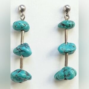 Vintage Native American Turquoise Nugget Silver Dangle Earrings